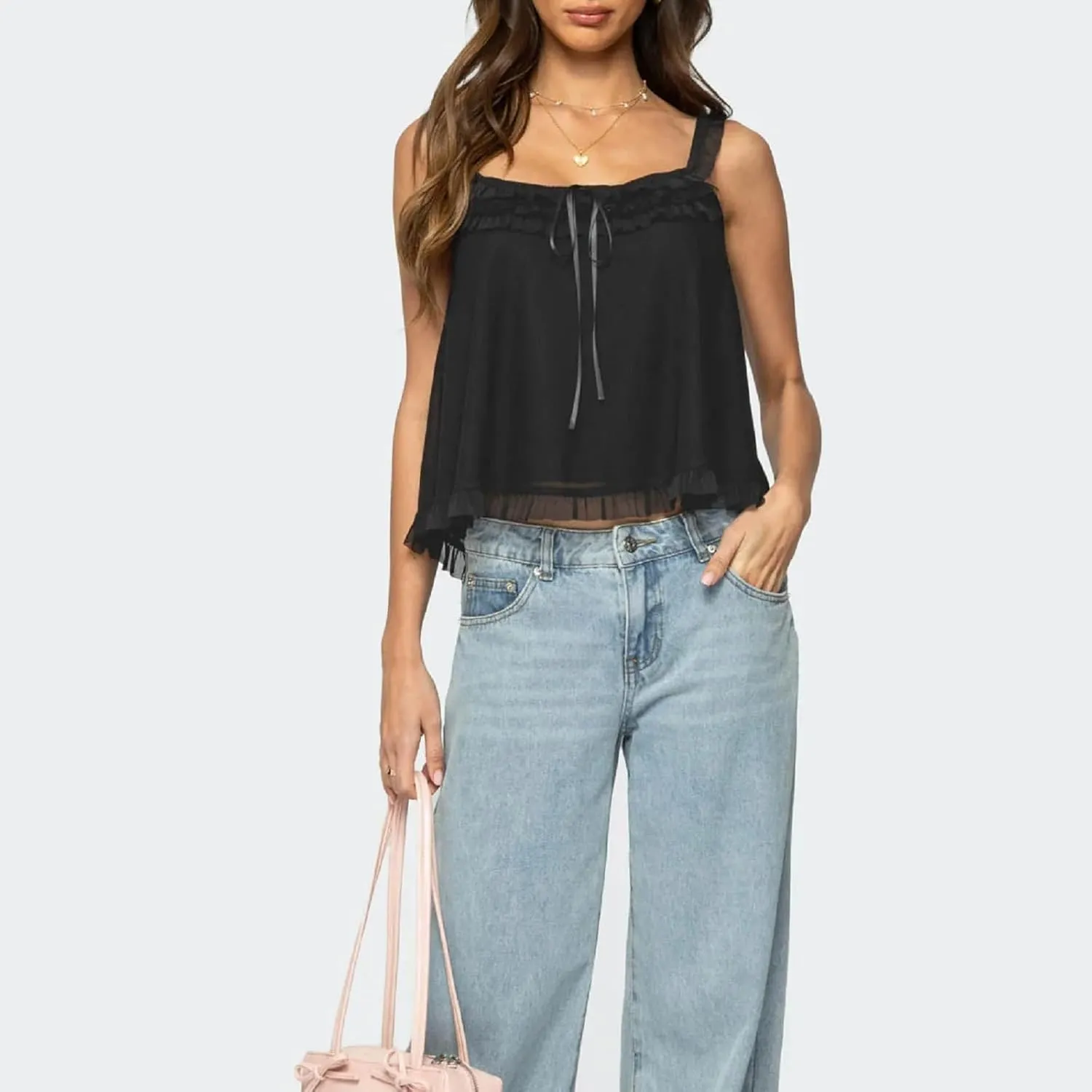 Women Lace Trim Tank Top Sleeveless Button Down Chiffon Cami Shirt Y2K Summer Tie Front Ruffle Flowy Crop Vest