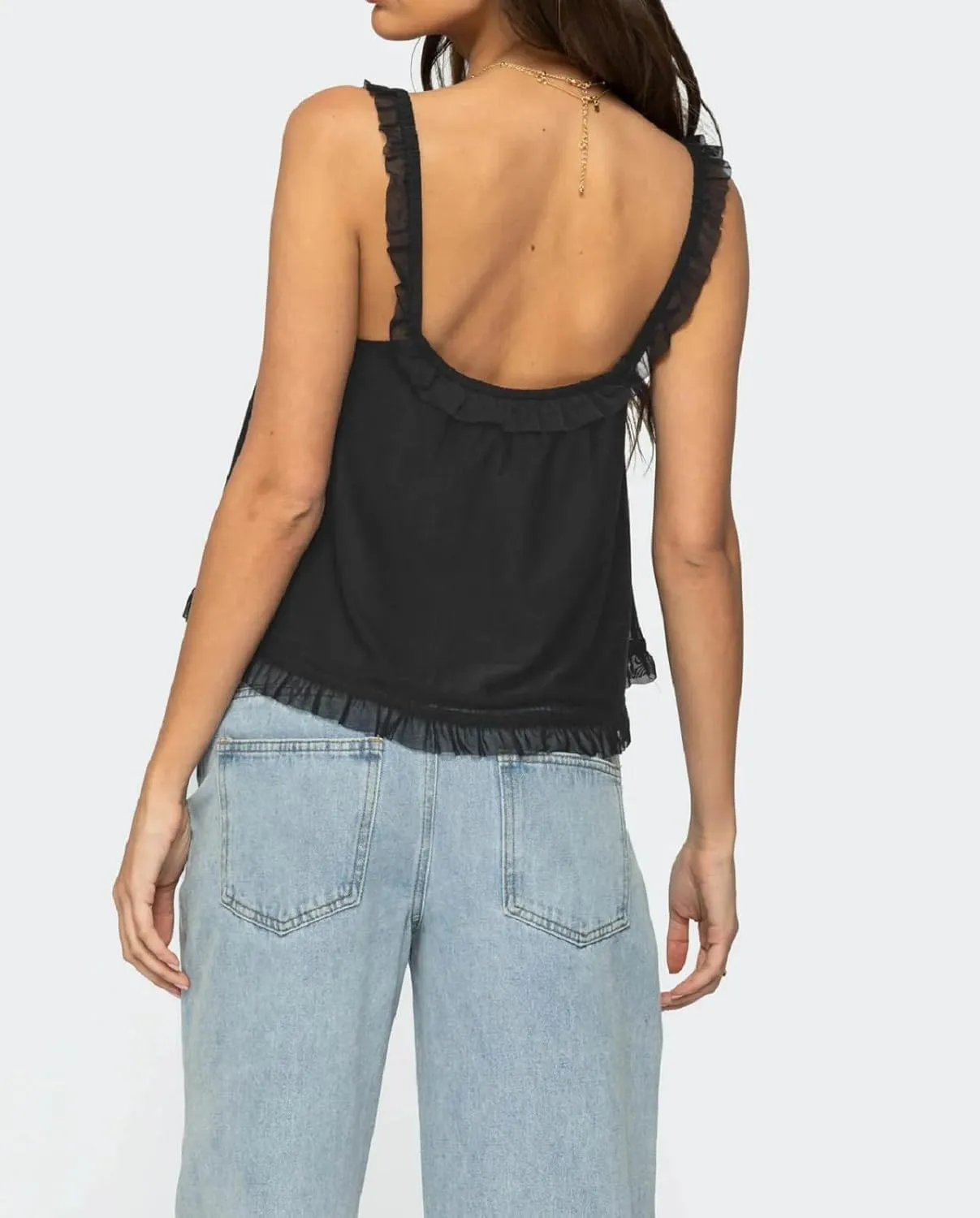 Women Lace Trim Tank Top Sleeveless Button Down Chiffon Cami Shirt Y2K Summer Tie Front Ruffle Flowy Crop Vest