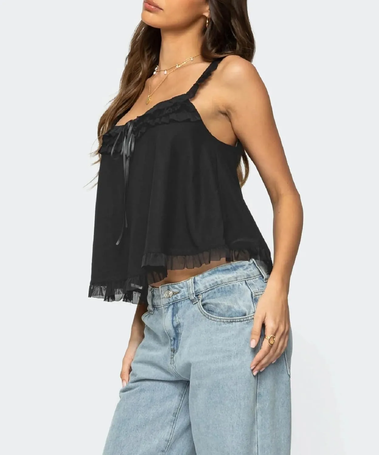 Women Lace Trim Tank Top Sleeveless Button Down Chiffon Cami Shirt Y2K Summer Tie Front Ruffle Flowy Crop Vest