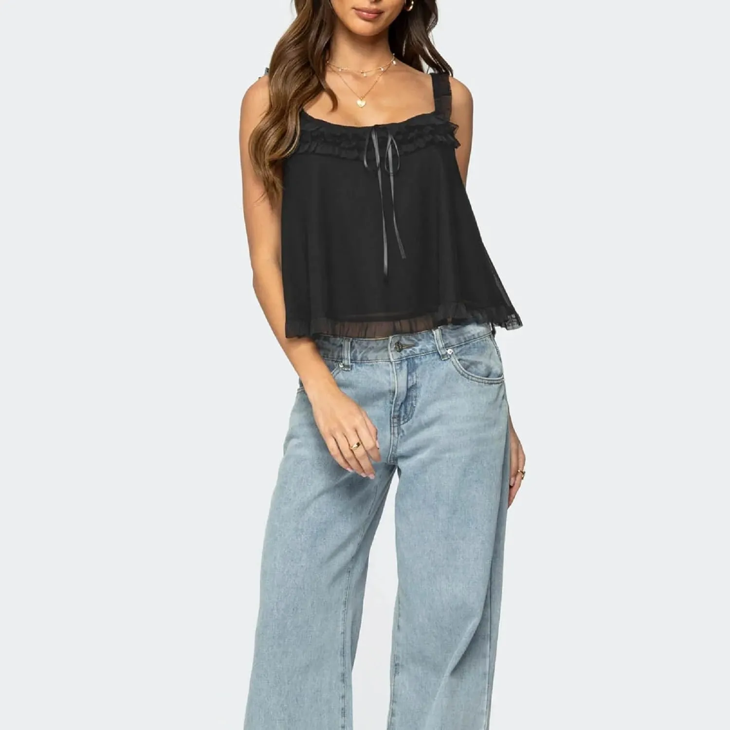 Women Lace Trim Tank Top Sleeveless Button Down Chiffon Cami Shirt Y2K Summer Tie Front Ruffle Flowy Crop Vest