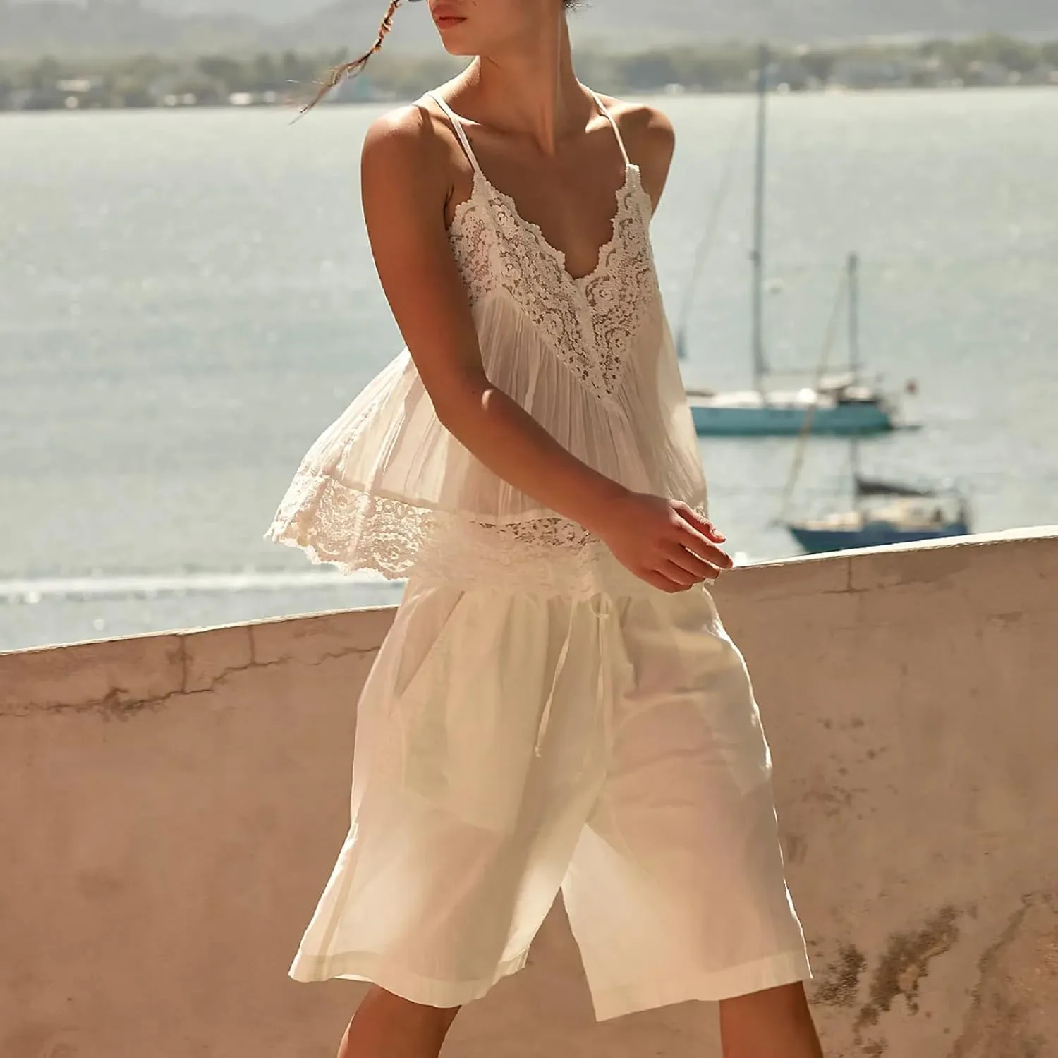Women Lace Trim Tank Top Sleeveless Button Down Chiffon Cami Shirt Y2K Summer Tie Front Ruffle Flowy Crop Vest