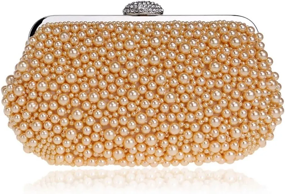Women Pearl Clutch Bag Crystal Beaded Evening Bag Wedding Clutch Wallet Tote Handbag with Pearl Chain