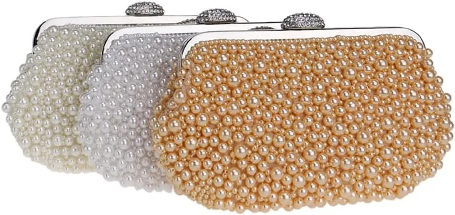 Women Pearl Clutch Bag Crystal Beaded Evening Bag Wedding Clutch Wallet Tote Handbag with Pearl Chain