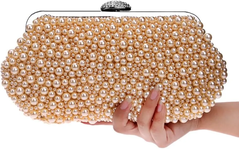 Women Pearl Clutch Bag Crystal Beaded Evening Bag Wedding Clutch Wallet Tote Handbag with Pearl Chain