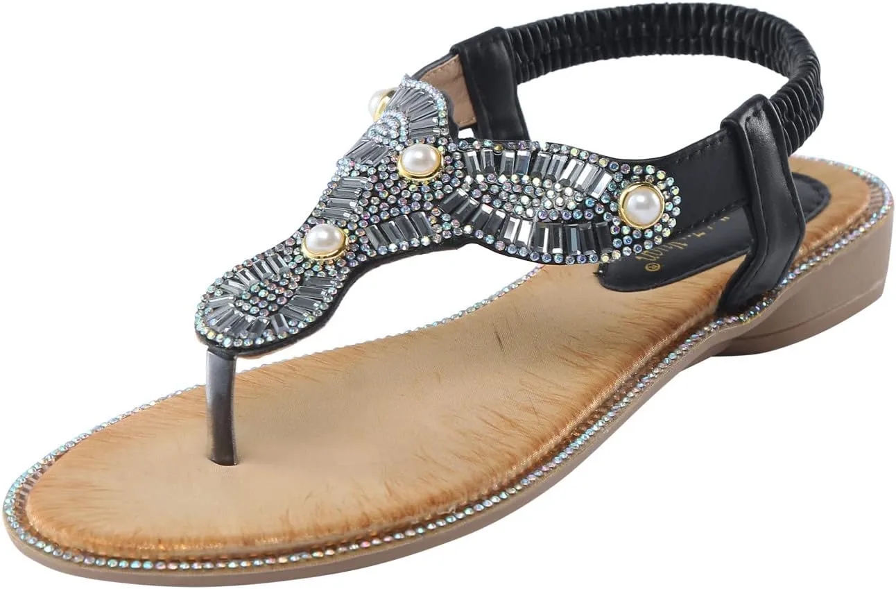 Women Pinch Toe Sandals Rhinestones Flat Summer Boho Rhinestone Shoes Comfort Open Close Toe Sandals