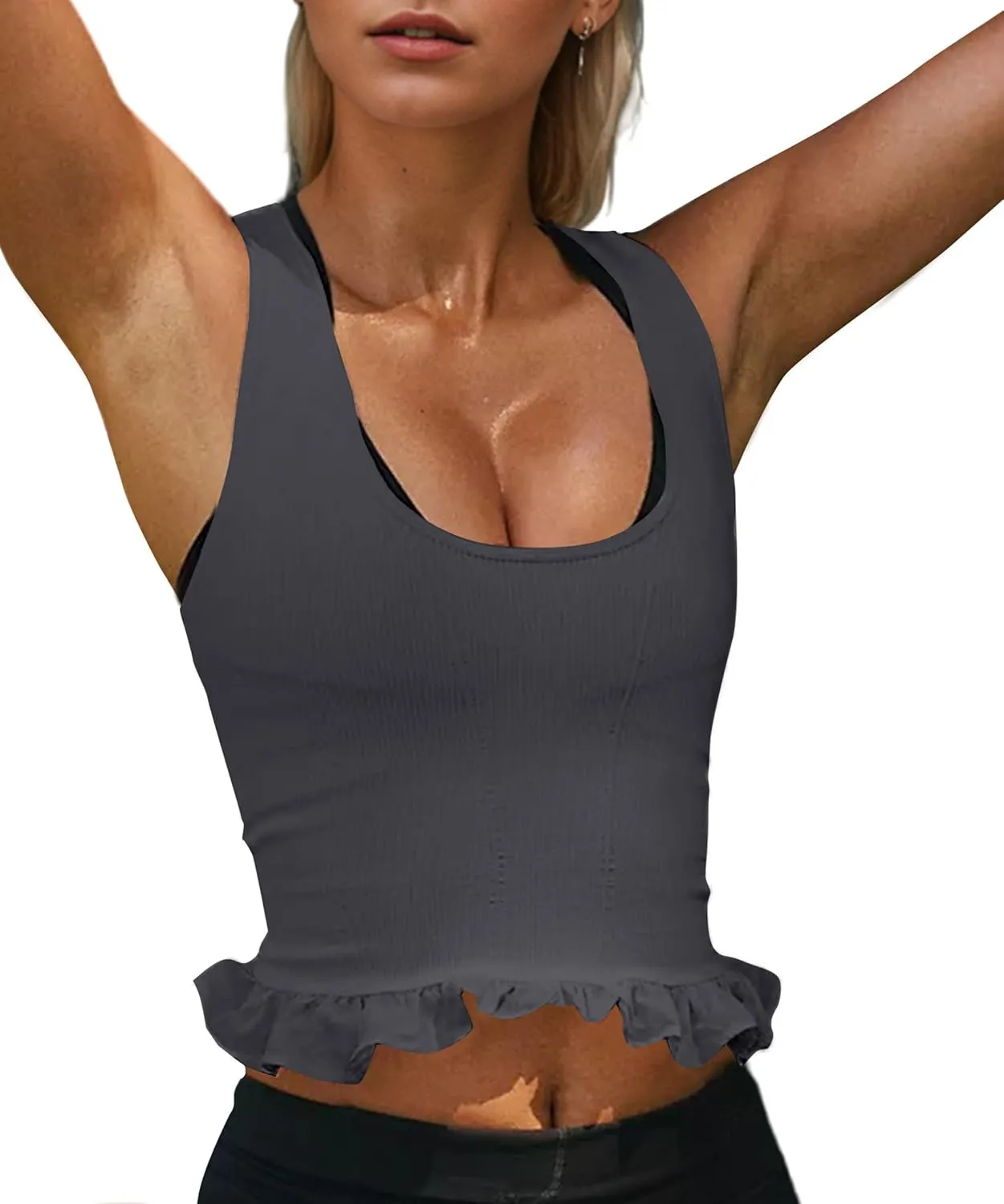 Women Ruffle Hem Racerback Workout Tank Tops Sleeveless Scoop Neck Ribbed Athletic Cami Shirts Crop Sports Tank Top