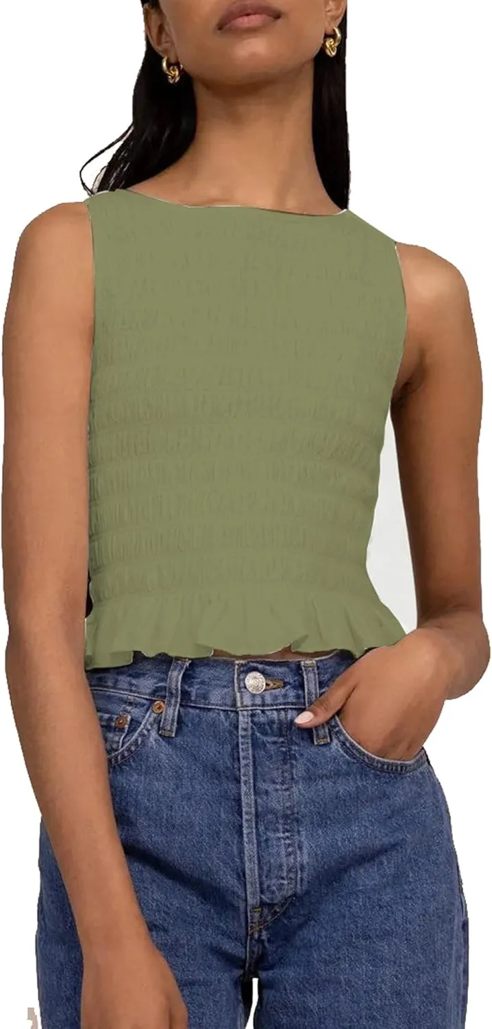 Women Y2k Tank Tops Ruffle Sleeveless Shirred Going Out Cami Tops Summer Shirt Trendy Frill Smocked Camisole Top