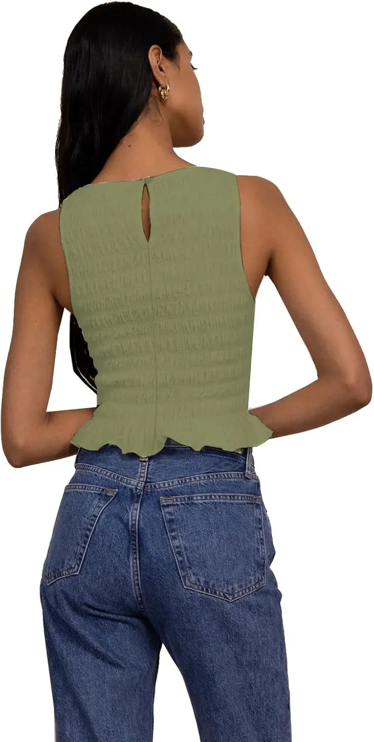 Women Y2k Tank Tops Ruffle Sleeveless Shirred Going Out Cami Tops Summer Shirt Trendy Frill Smocked Camisole Top