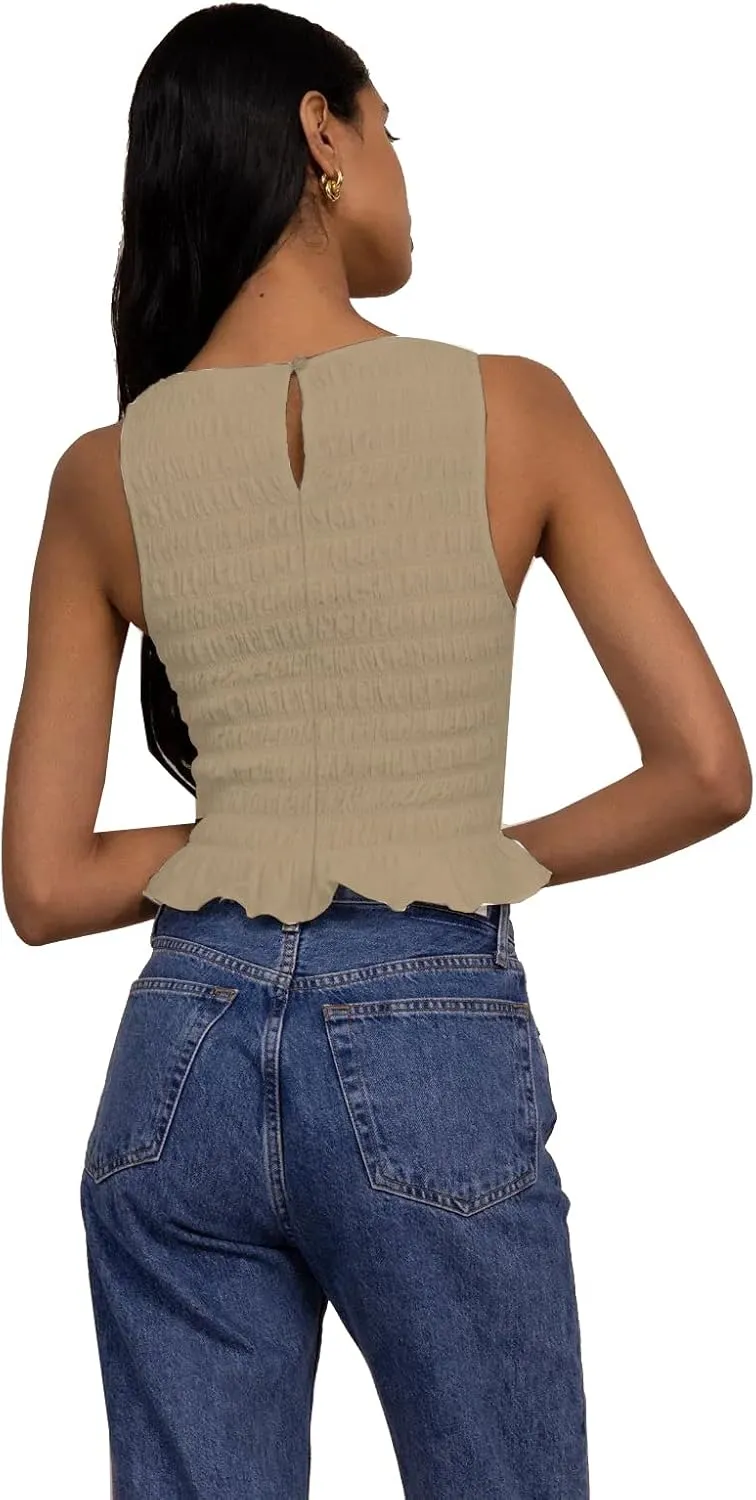Women Y2k Tank Tops Ruffle Sleeveless Shirred Going Out Cami Tops Summer Shirt Trendy Frill Smocked Camisole Top