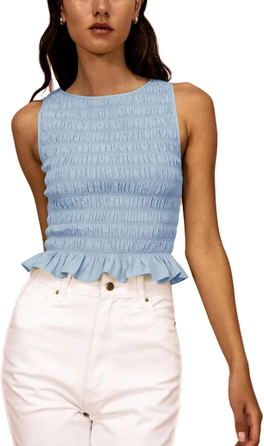 Women Y2k Tank Tops Ruffle Sleeveless Shirred Going Out Cami Tops Summer Shirt Trendy Frill Smocked Camisole Top