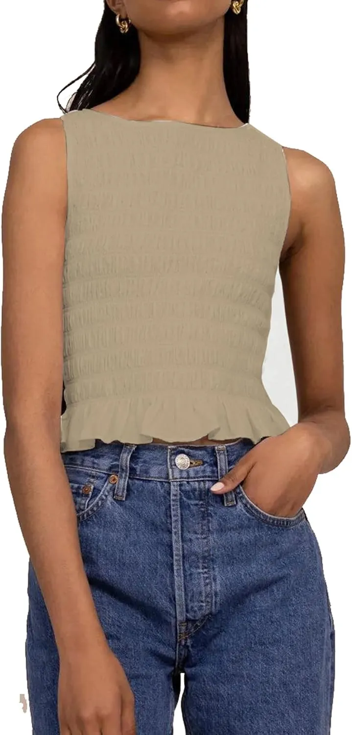 Women Y2k Tank Tops Ruffle Sleeveless Shirred Going Out Cami Tops Summer Shirt Trendy Frill Smocked Camisole Top