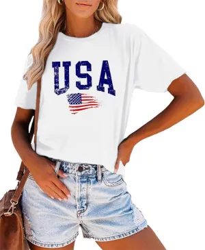 Women's 4th of July Independence Day T-Shirt Summer 1776 USA America Memorial Day Graphic Tees Tops