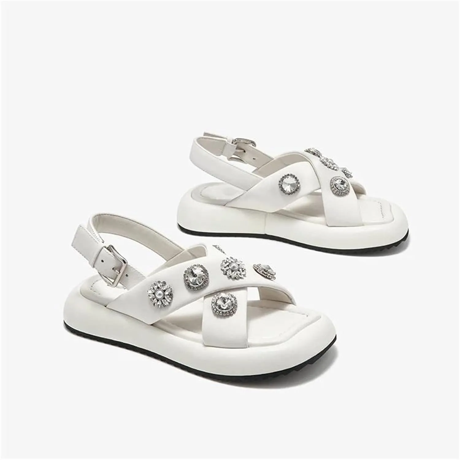 Women's Ankle Buckle Strap Sandals - Genuine Leather Summer Platform Flats