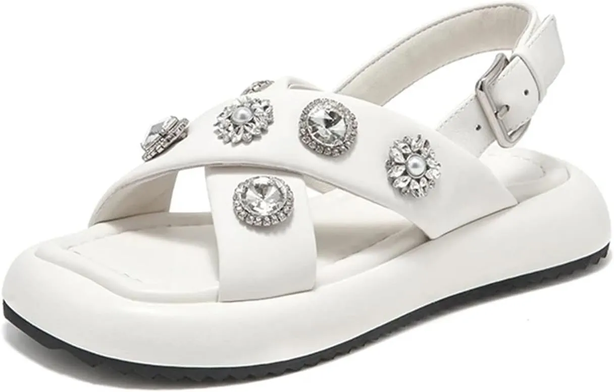 Women's Ankle Buckle Strap Sandals - Genuine Leather Summer Platform Flats