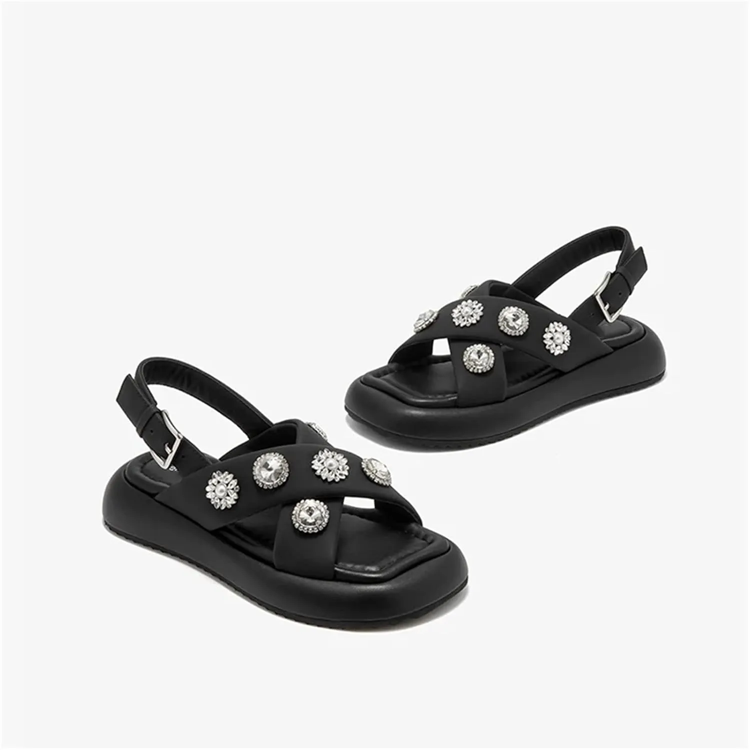 Women's Ankle Buckle Strap Sandals - Genuine Leather Summer Platform Flats