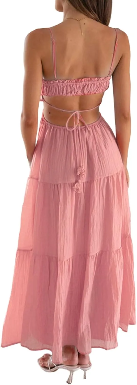 Womens Boho Cut Out Split Long Cami Dress Sleeveless Y2K Spaghetti Strap Bodycon Dress Summer Beach Sundress