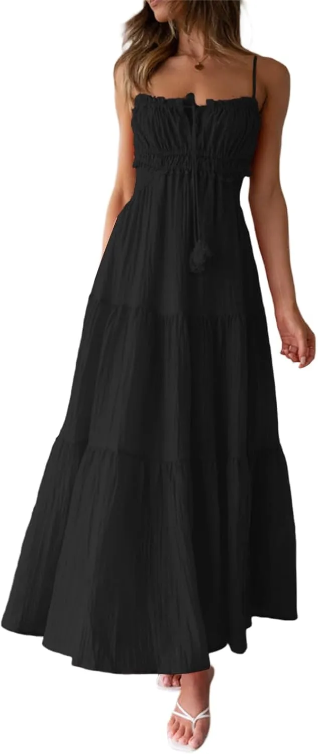 Womens Boho Cut Out Split Long Cami Dress Sleeveless Y2K Spaghetti Strap Bodycon Dress Summer Beach Sundress