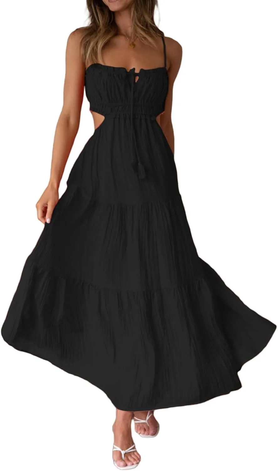 Womens Boho Cut Out Split Long Cami Dress Sleeveless Y2K Spaghetti Strap Bodycon Dress Summer Beach Sundress