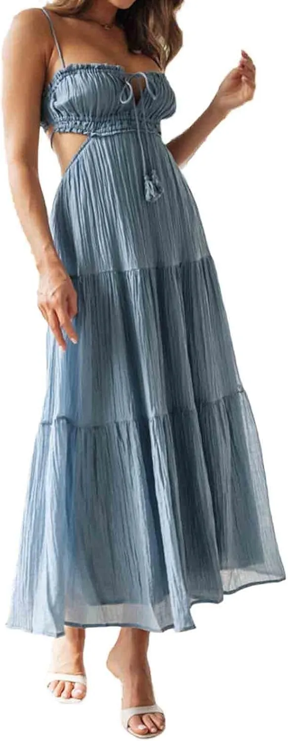 Womens Boho Cut Out Split Long Cami Dress Sleeveless Y2K Spaghetti Strap Bodycon Dress Summer Beach Sundress