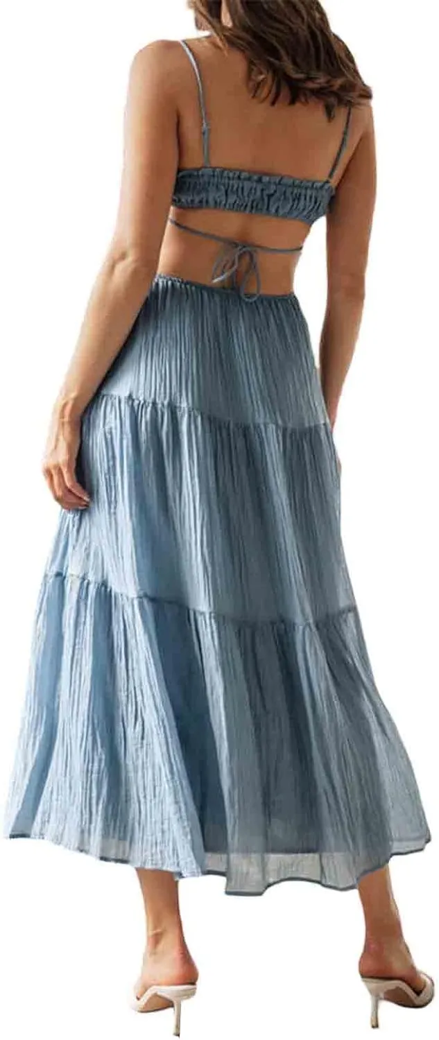 Womens Boho Cut Out Split Long Cami Dress Sleeveless Y2K Spaghetti Strap Bodycon Dress Summer Beach Sundress