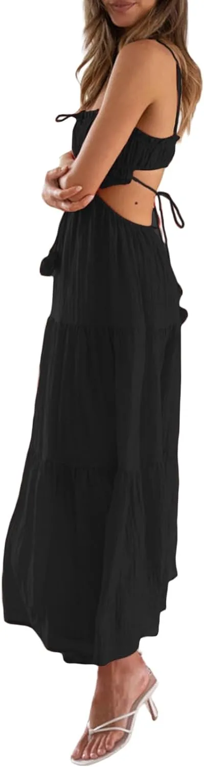 Womens Boho Cut Out Split Long Cami Dress Sleeveless Y2K Spaghetti Strap Bodycon Dress Summer Beach Sundress