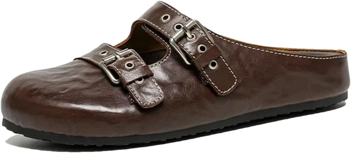 Women's Calfskin Leather Mules - Silver Buckle Strap Round Toe Outdoor Flats