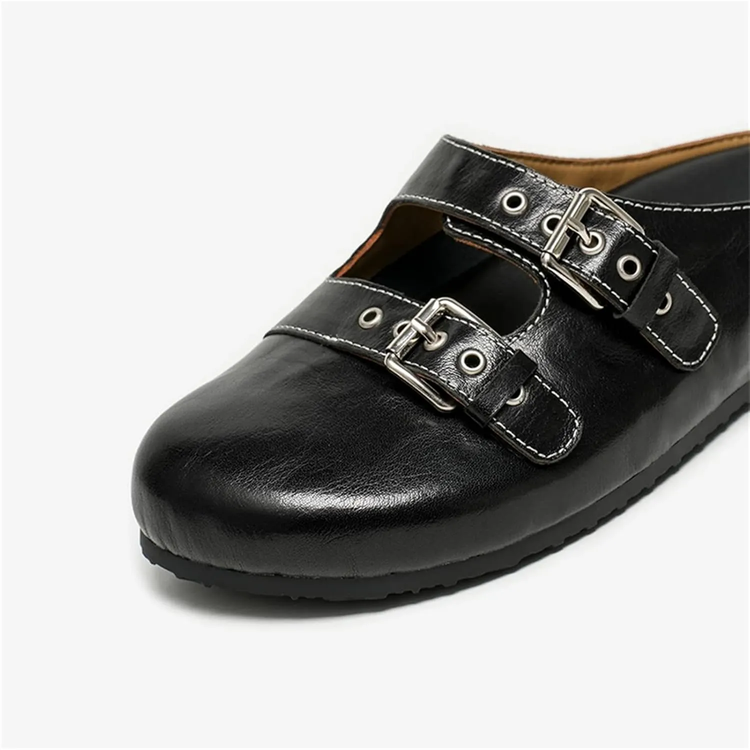 Women's Calfskin Leather Mules - Silver Buckle Strap Round Toe Outdoor Flats