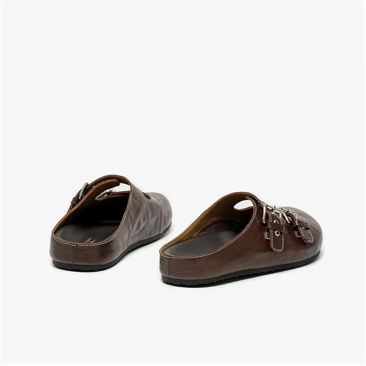Women's Calfskin Leather Mules - Silver Buckle Strap Round Toe Outdoor Flats