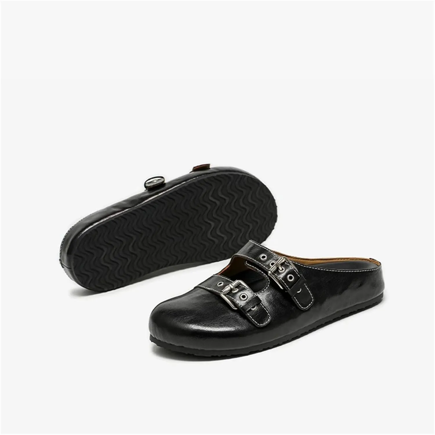 Women's Calfskin Leather Mules - Silver Buckle Strap Round Toe Outdoor Flats