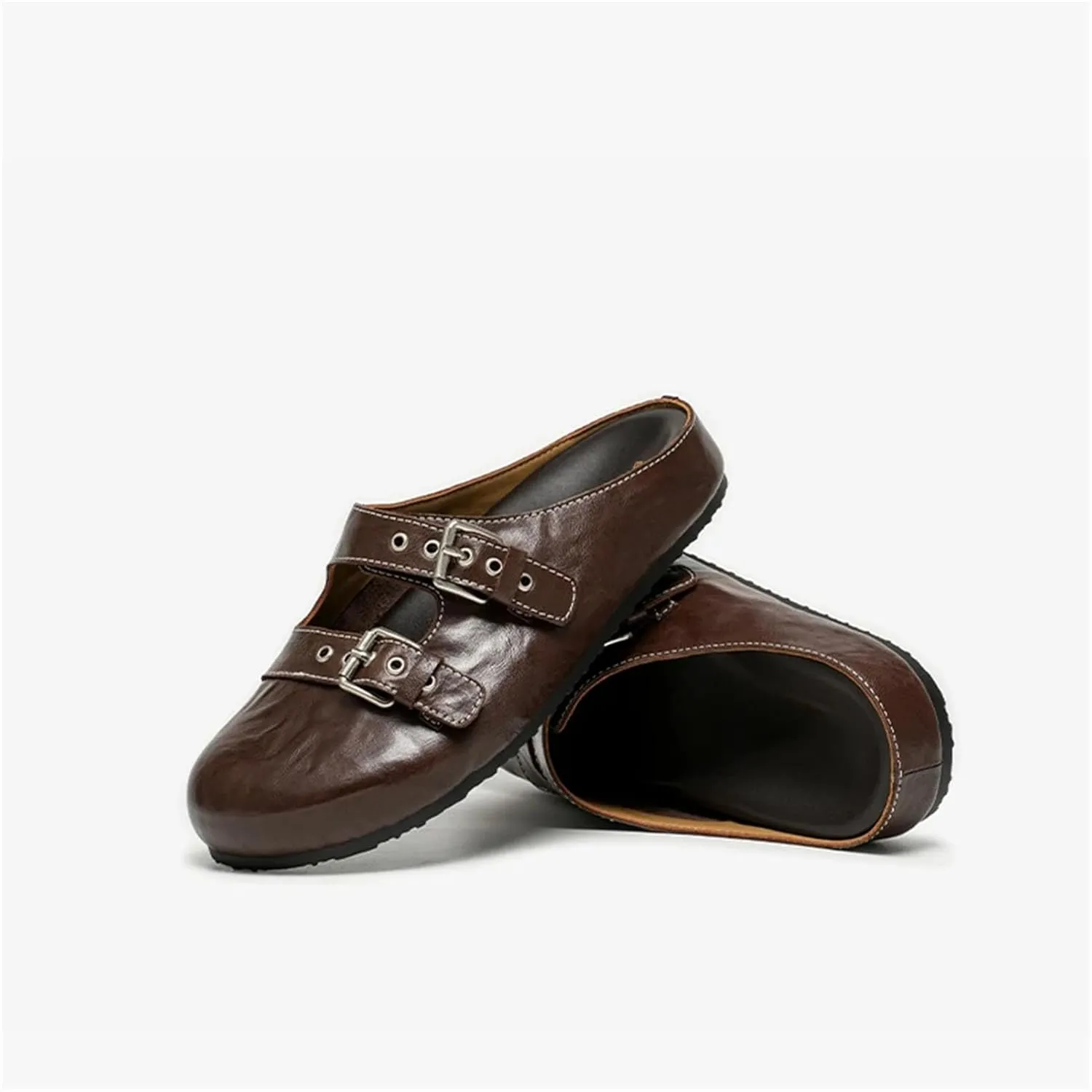 Women's Calfskin Leather Mules - Silver Buckle Strap Round Toe Outdoor Flats