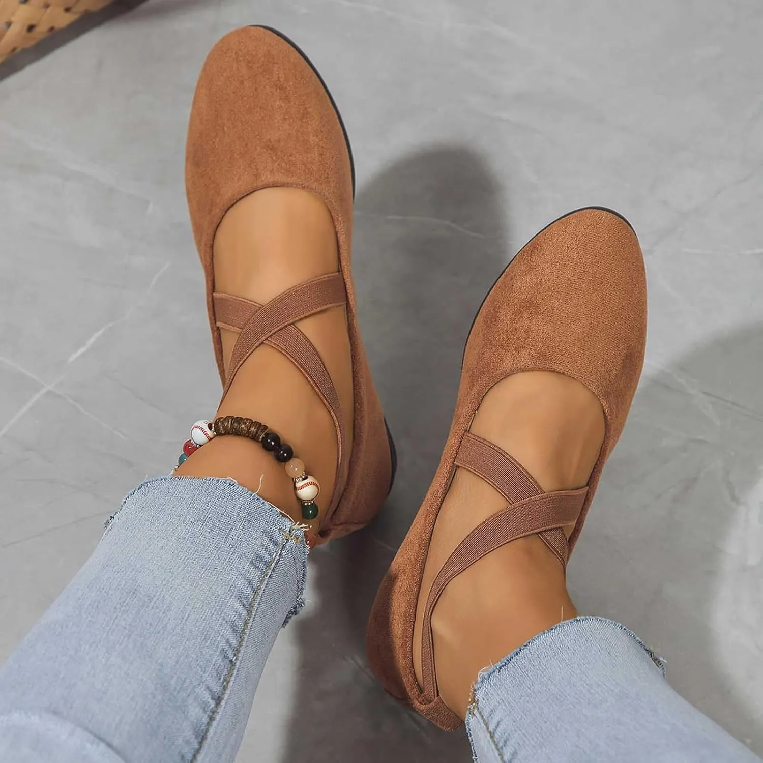 Womens Comfortable Fashion Elastic Ankle Straps Flats Shoes Pull-On Criss-Cross Ballet Flats Shoes, Pointed Toe Mary Jane Dress Shoe Casual Closed Toe Slip On Flat Sandals