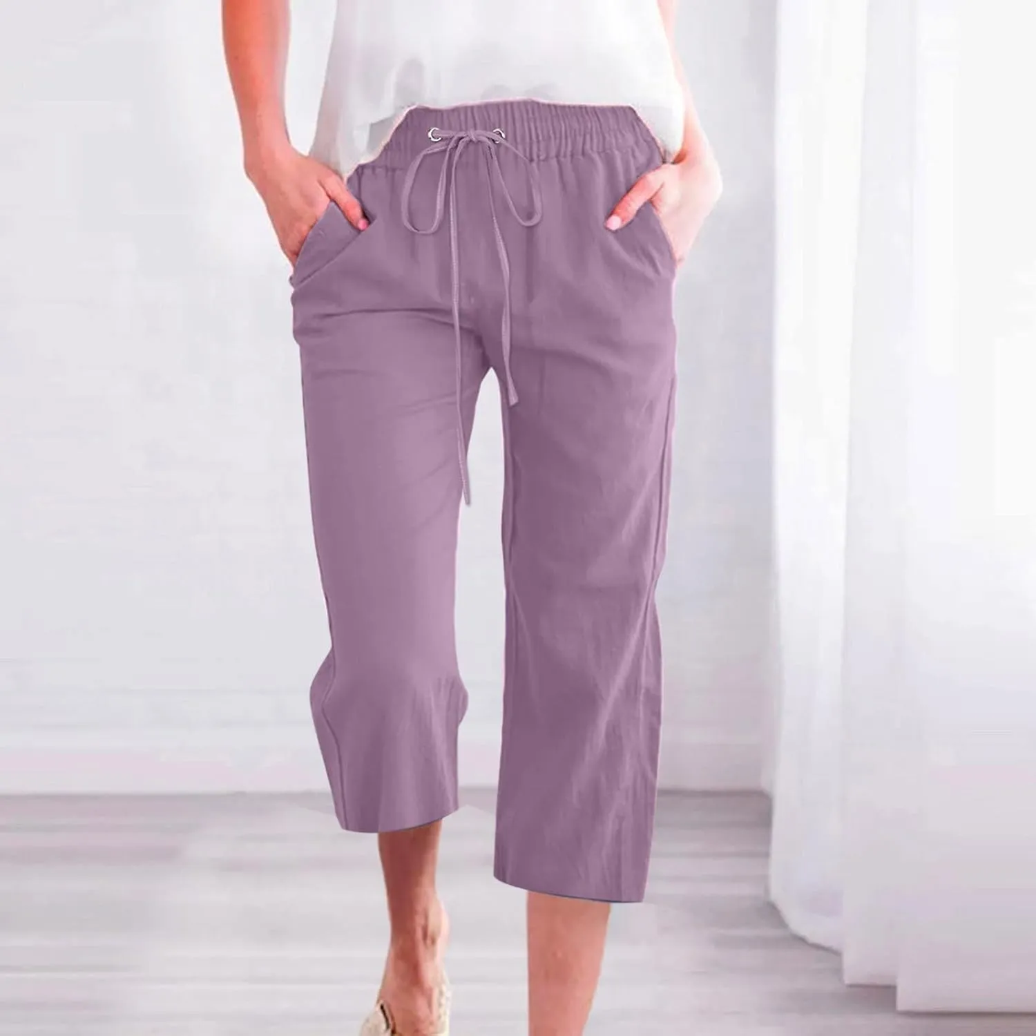 Womens Cotton Linen Summer Print Palazzo Lounge Pants Low Waist Long Lounge Plus Size Trouser Travel