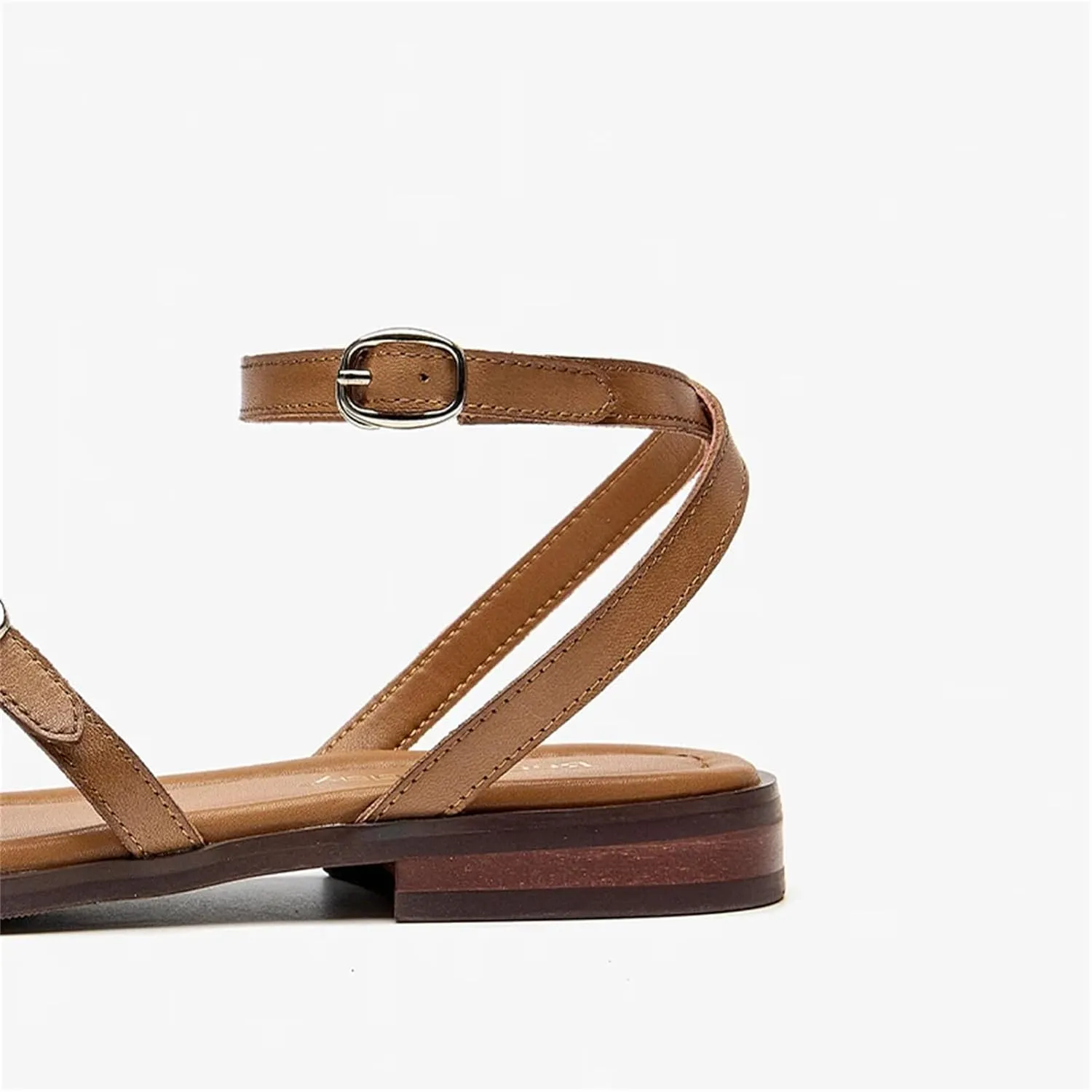 Women's Cow Leather Buckle Strap Sandals - Open Toe Solid Color Casual Summer Flats