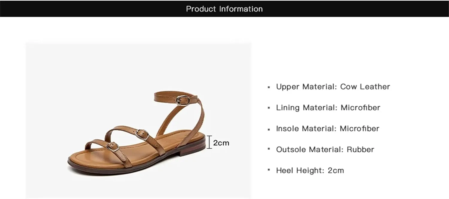 Women's Cow Leather Buckle Strap Sandals - Open Toe Solid Color Casual Summer Flats