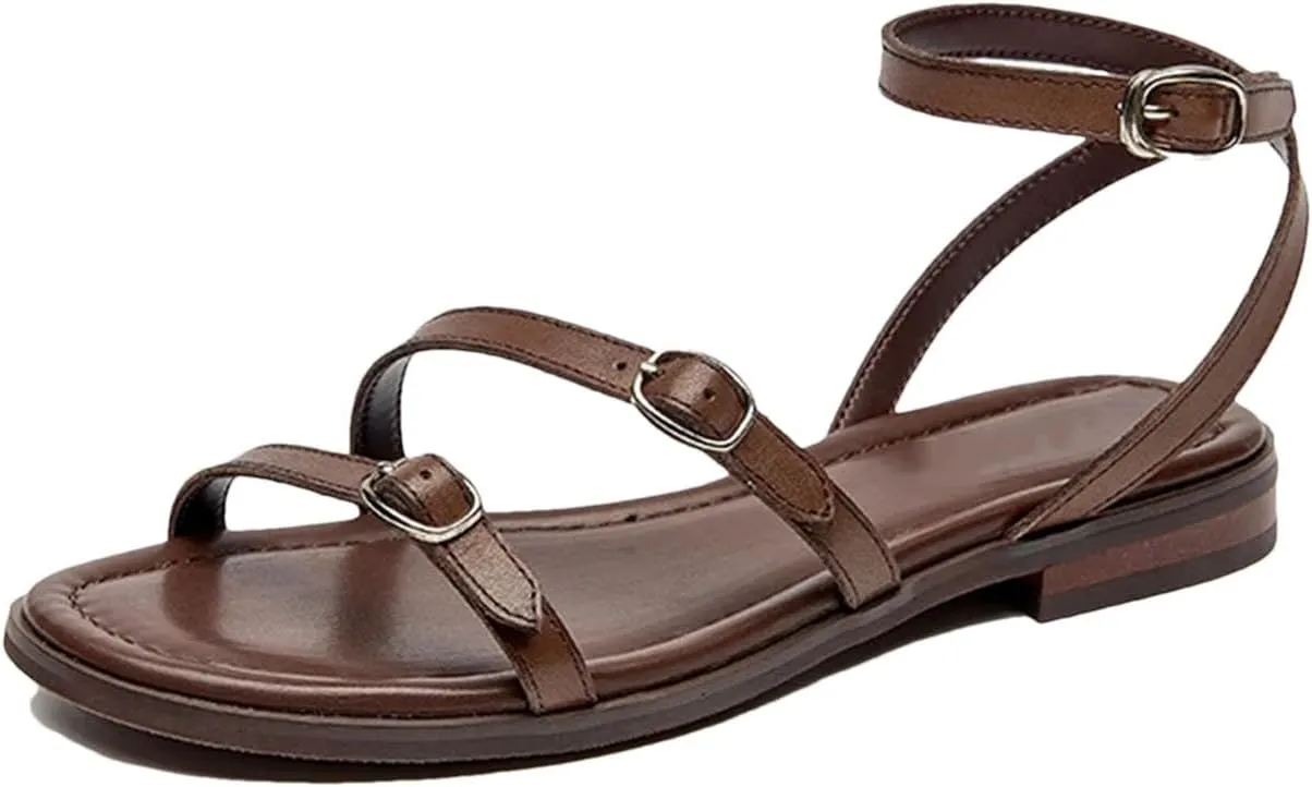 Women's Cow Leather Buckle Strap Sandals - Open Toe Solid Color Casual Summer Flats