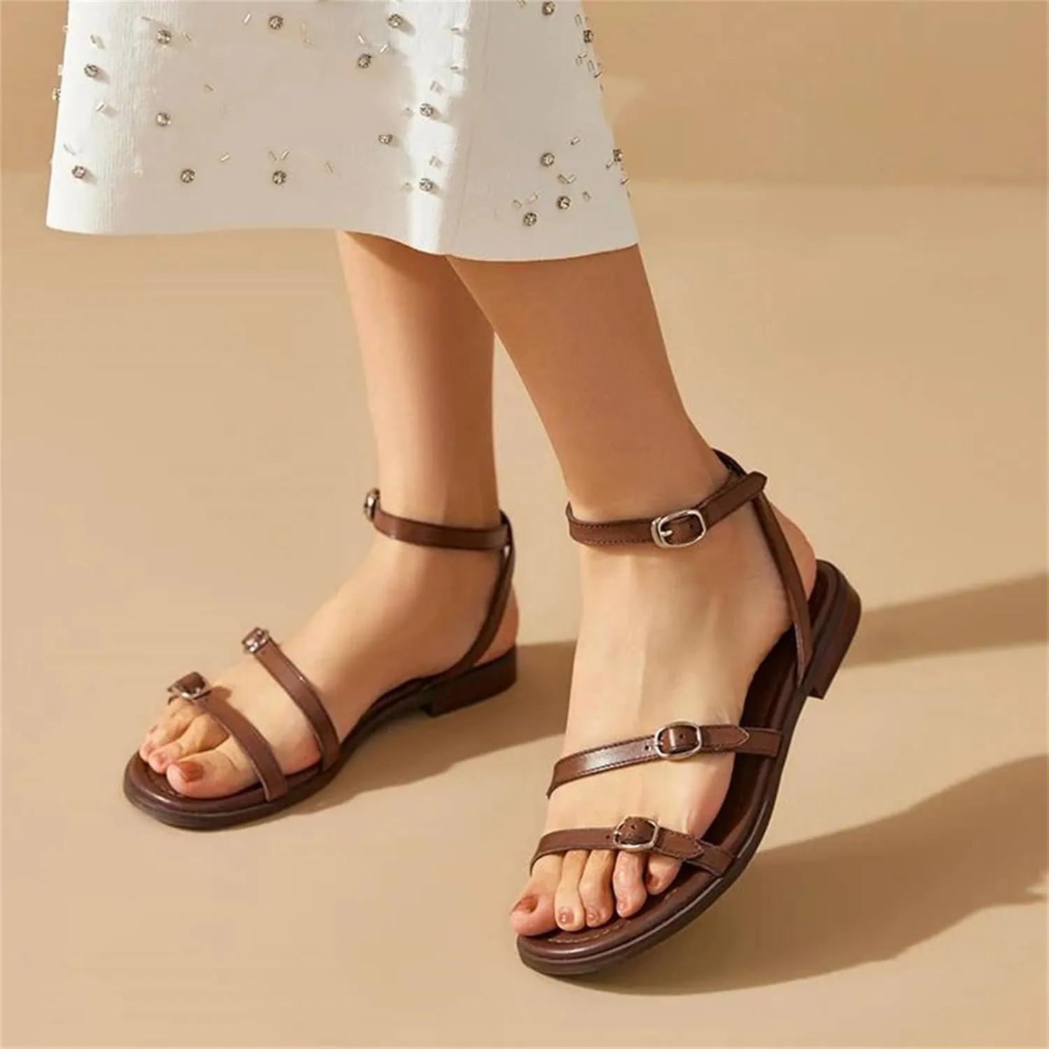 Women's Cow Leather Buckle Strap Sandals - Open Toe Solid Color Casual Summer Flats