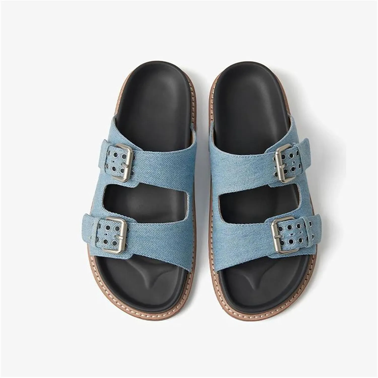 Women's Denim Buckle Strap Slippers - Metal Decor Summer Beach Casual Flats