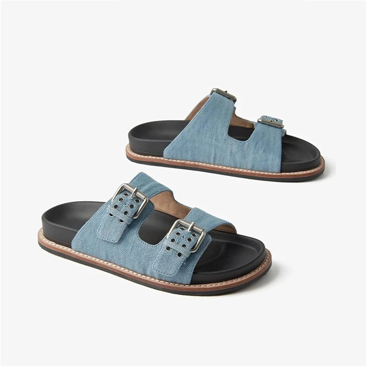 Women's Denim Buckle Strap Slippers - Metal Decor Summer Beach Casual Flats