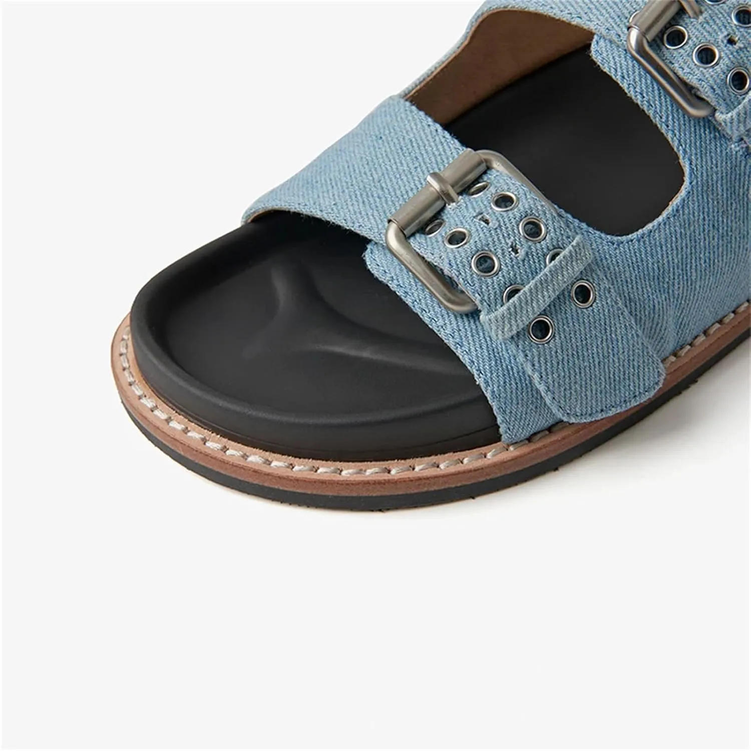 Women's Denim Buckle Strap Slippers - Metal Decor Summer Beach Casual Flats