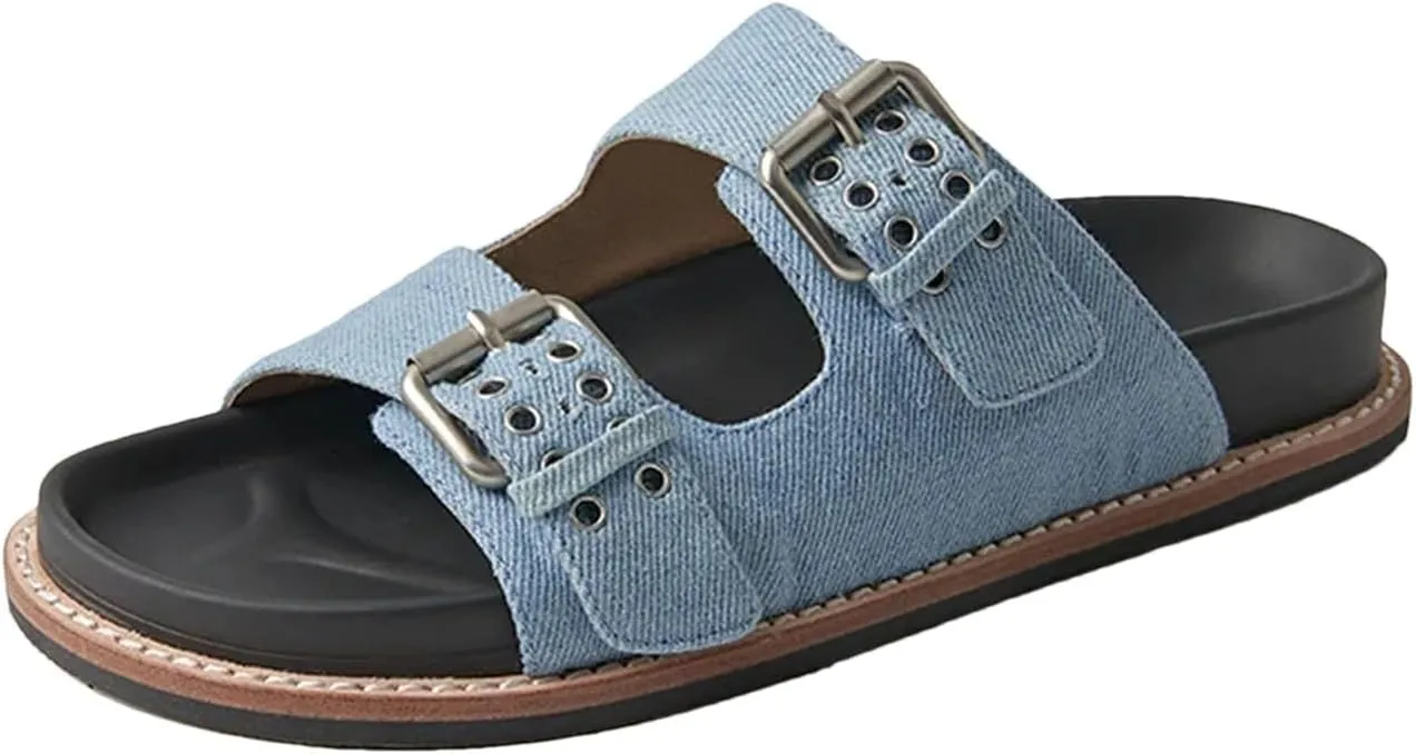 Women's Denim Buckle Strap Slippers - Metal Decor Summer Beach Casual Flats