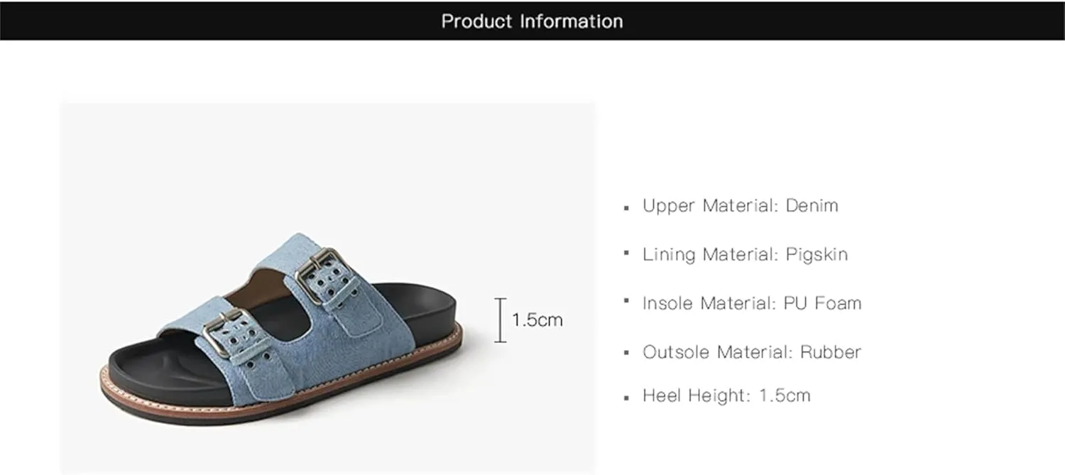 Women's Denim Buckle Strap Slippers - Metal Decor Summer Beach Casual Flats