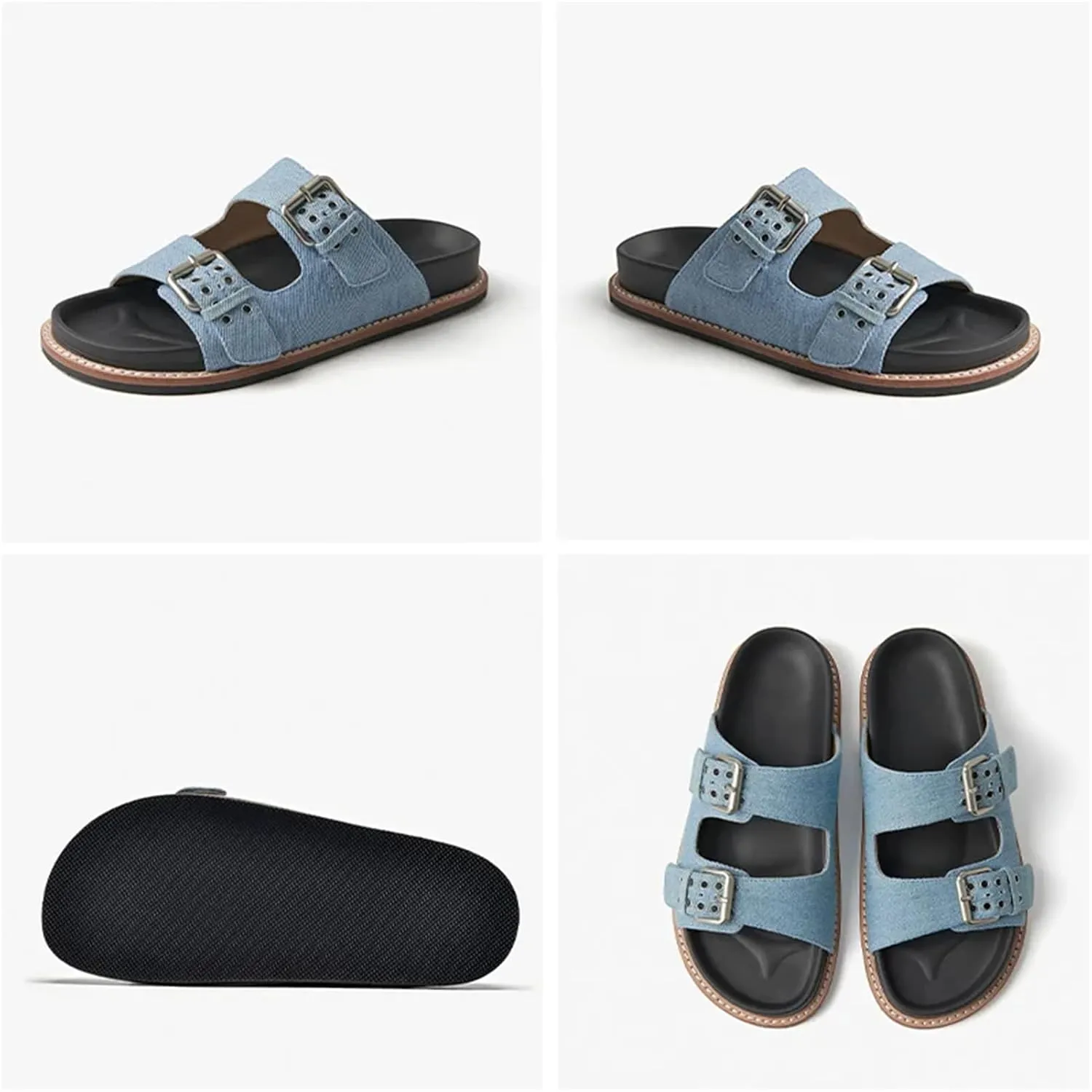 Women's Denim Buckle Strap Slippers - Metal Decor Summer Beach Casual Flats