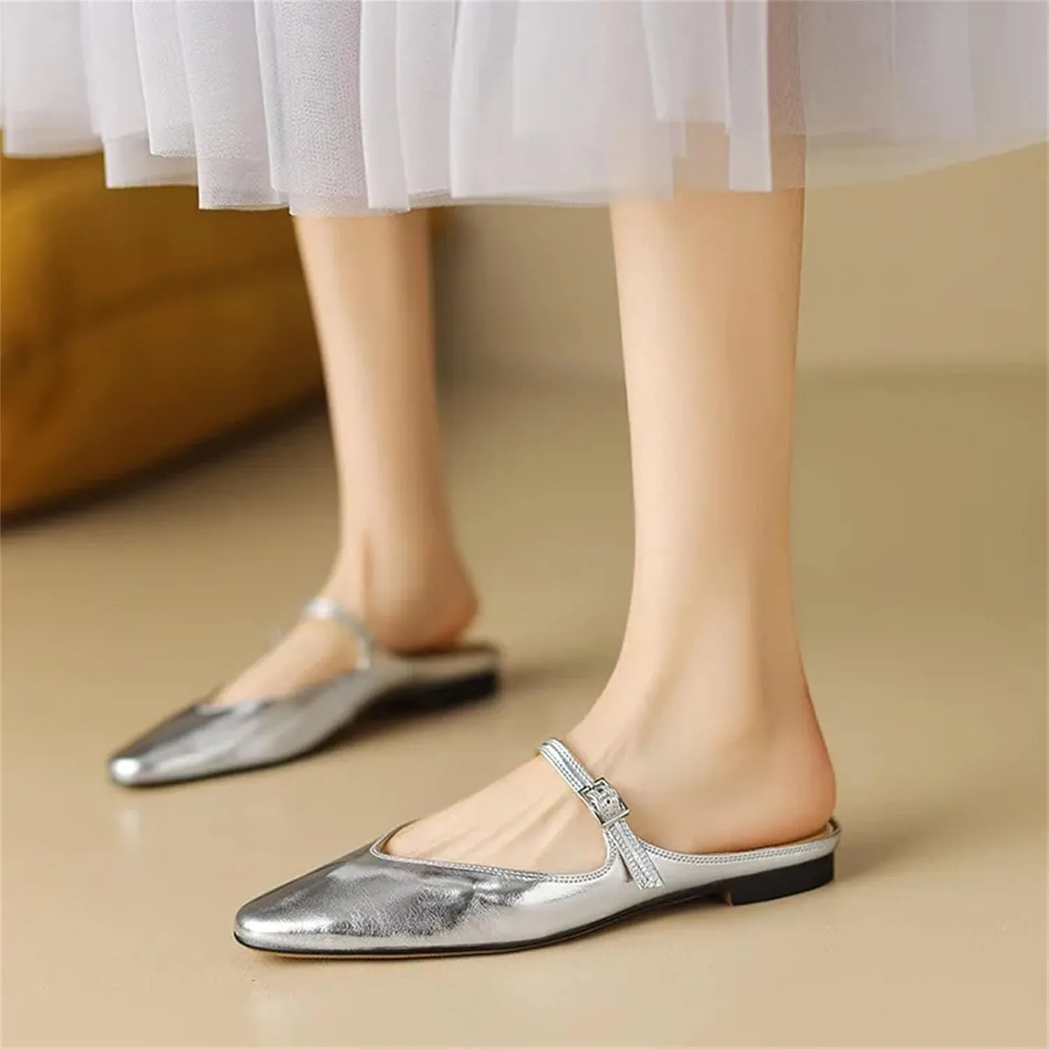 Women's Fashion Genuine Leather Mule Slippers - Buckle Strap Summer Casual Office Flats