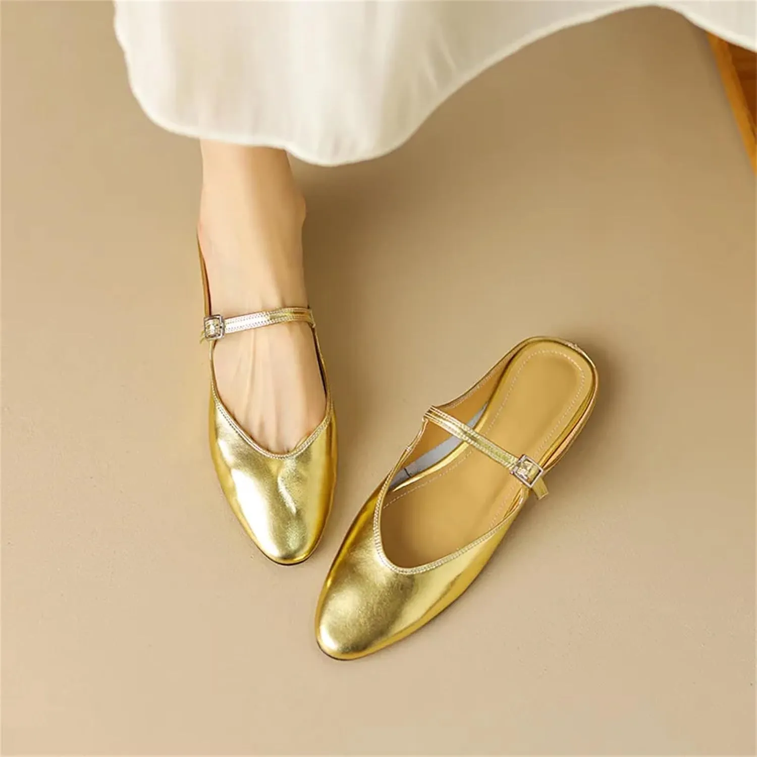 Women's Fashion Genuine Leather Mule Slippers - Buckle Strap Summer Casual Office Flats