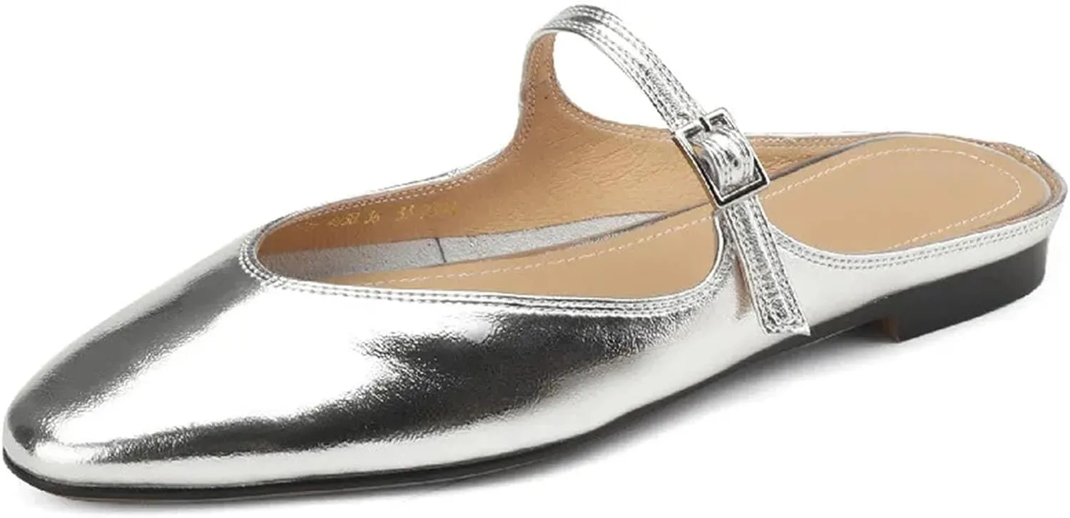 Women's Fashion Genuine Leather Mule Slippers - Buckle Strap Summer Casual Office Flats