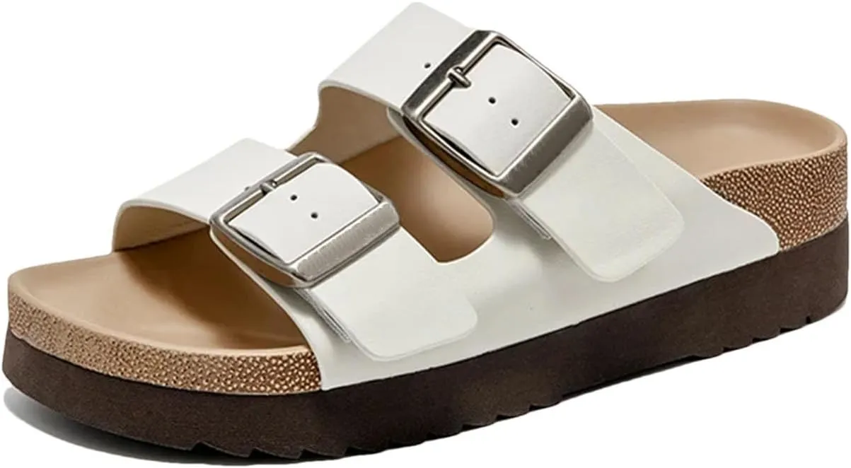Women's Genuine Leather Slippers - Metal Buckle Double Strap Summer Beach Flats