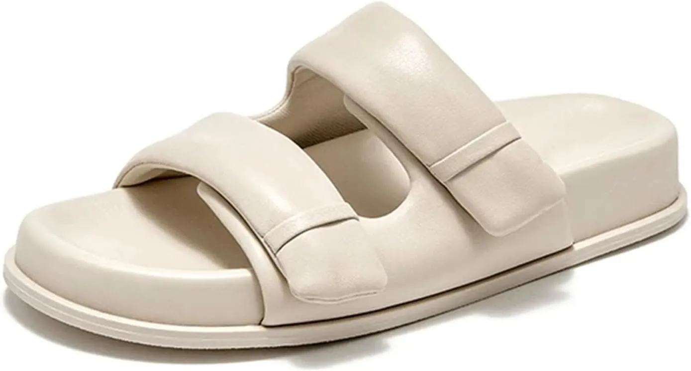 Women's Genuine Leather Slippers - Thick Sole Double Strap Beach Summer Flats