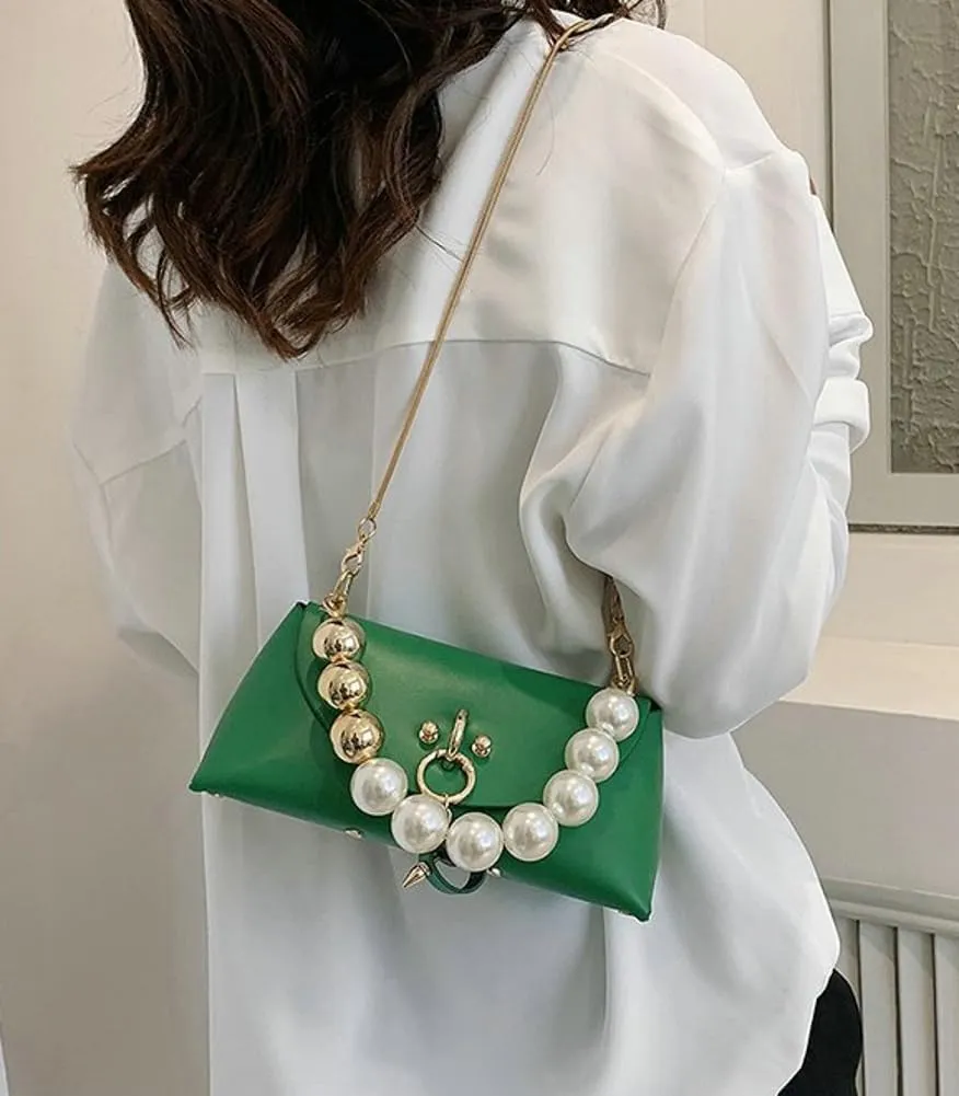 Womens Mini PU Leather Evening Clutch Chain Strap Cross-body Shoulder Bag Fashion Pearl Handbag Cute Purse Satchel