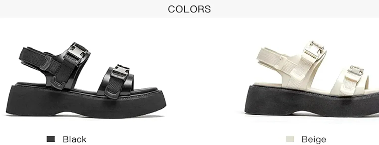 Women's Open Toe Platform Sandals - Ankle Buckle Strap Leather Summer Flats