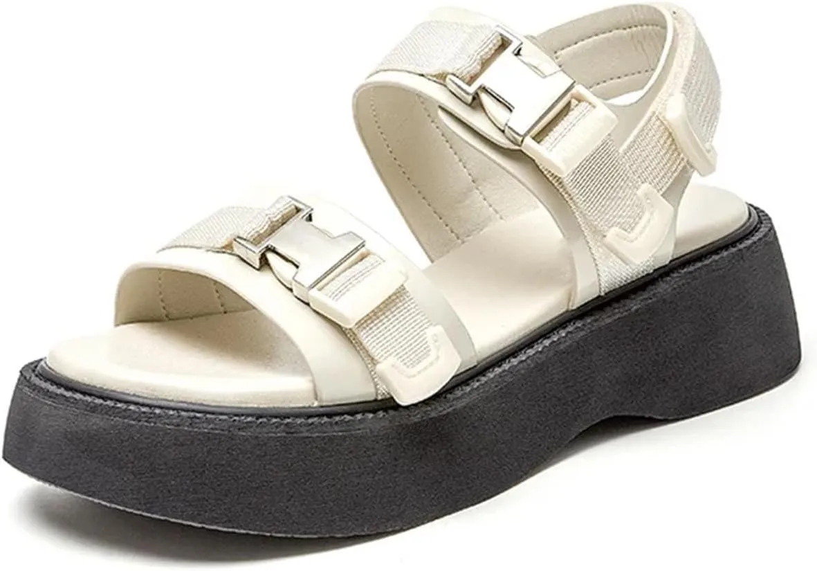 Women's Open Toe Platform Sandals - Ankle Buckle Strap Leather Summer Flats